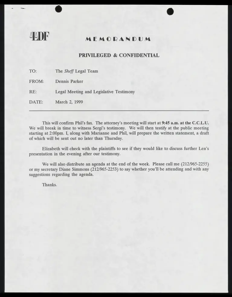 Memo RE: Legal Meeting and Legislative Testimony preview