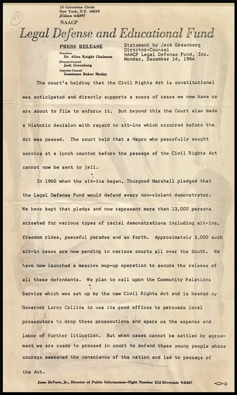Greenberg Statement on Court Declaring Civil Rights Act Constitutional and on Sit-In Cases preview