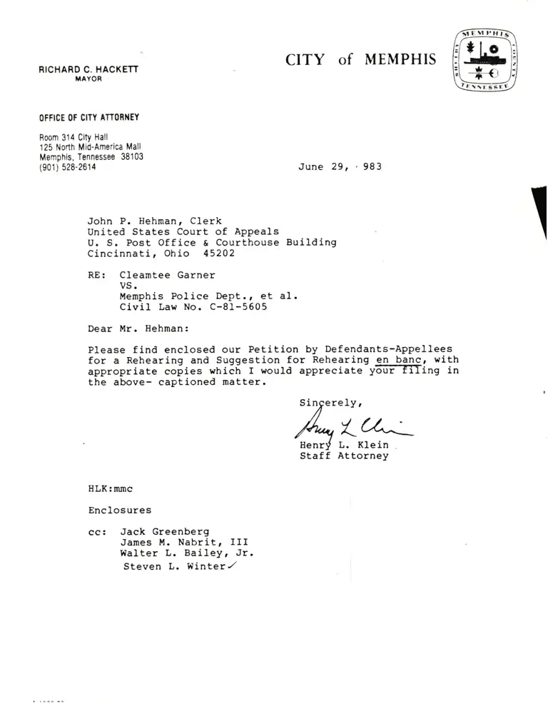 Correspondence from Klein to Clerk Re: Petition for Rehearing preview