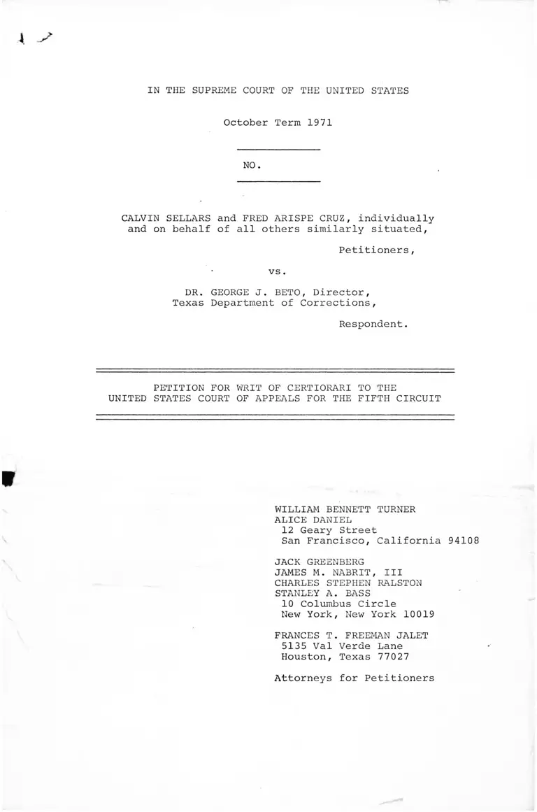 Sellars v Beto Petition for Writ of Certiorari preview