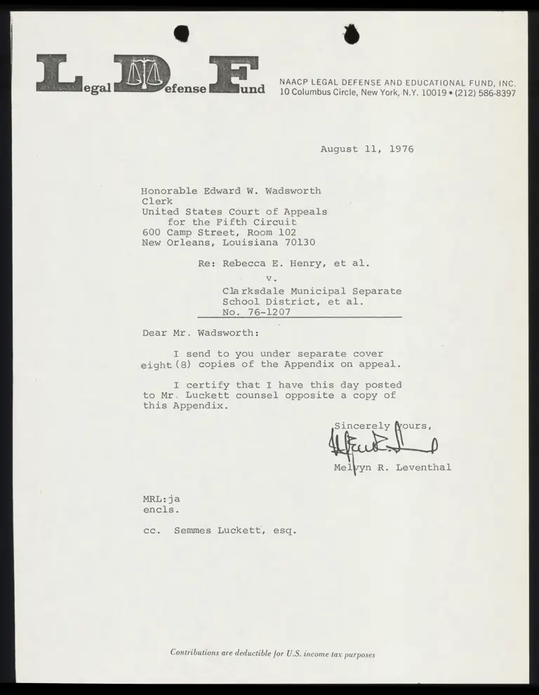 Correspondence from Leventhal to Clerk Re: Appendix on Appeal preview