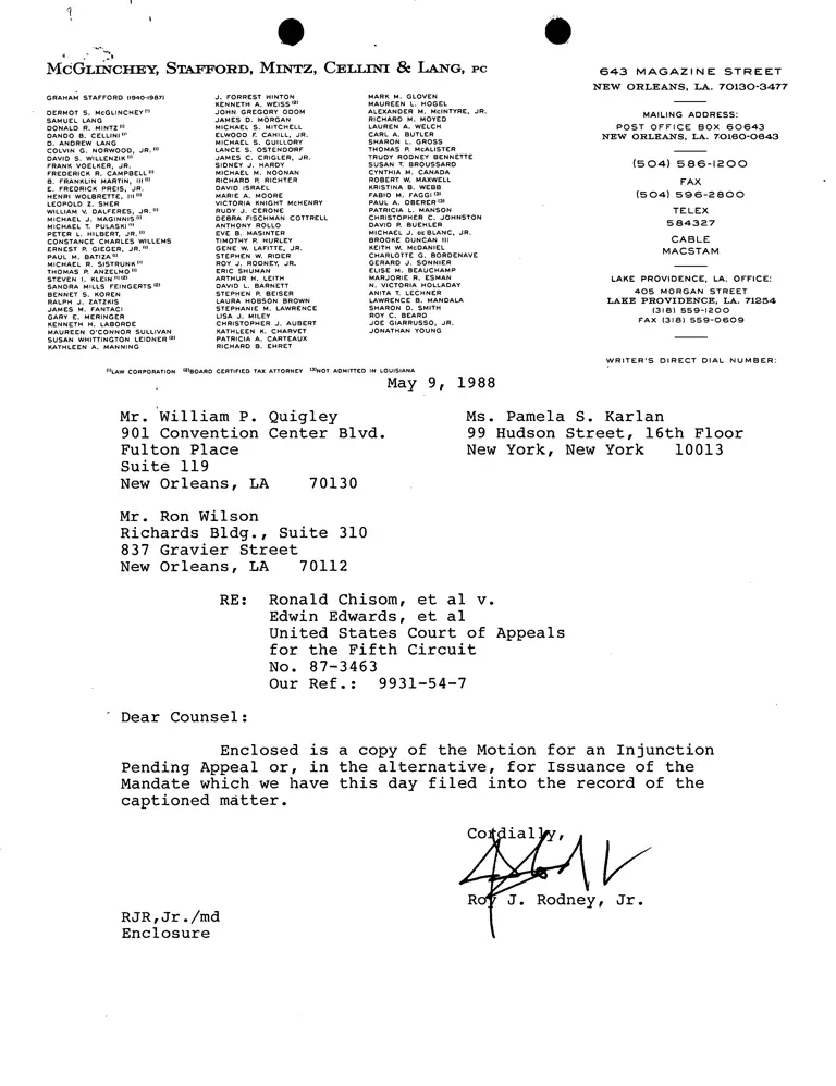 Correspondence from Rodney to Quigley, Wilson, and Karlan; Motion for an Injunction Pending Appeal or, in the Alternative, for Issuance of the Mandate; Memorandum in Support of Plaintiffs-Appellants' Motion for an Injunction Pending Appeal, Or, In the Alternative, For Issuance of the Mandate preview