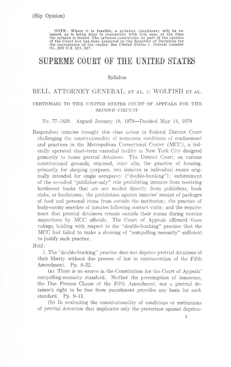 Bell v. Wolfish Slip Opinion and Syllabus preview