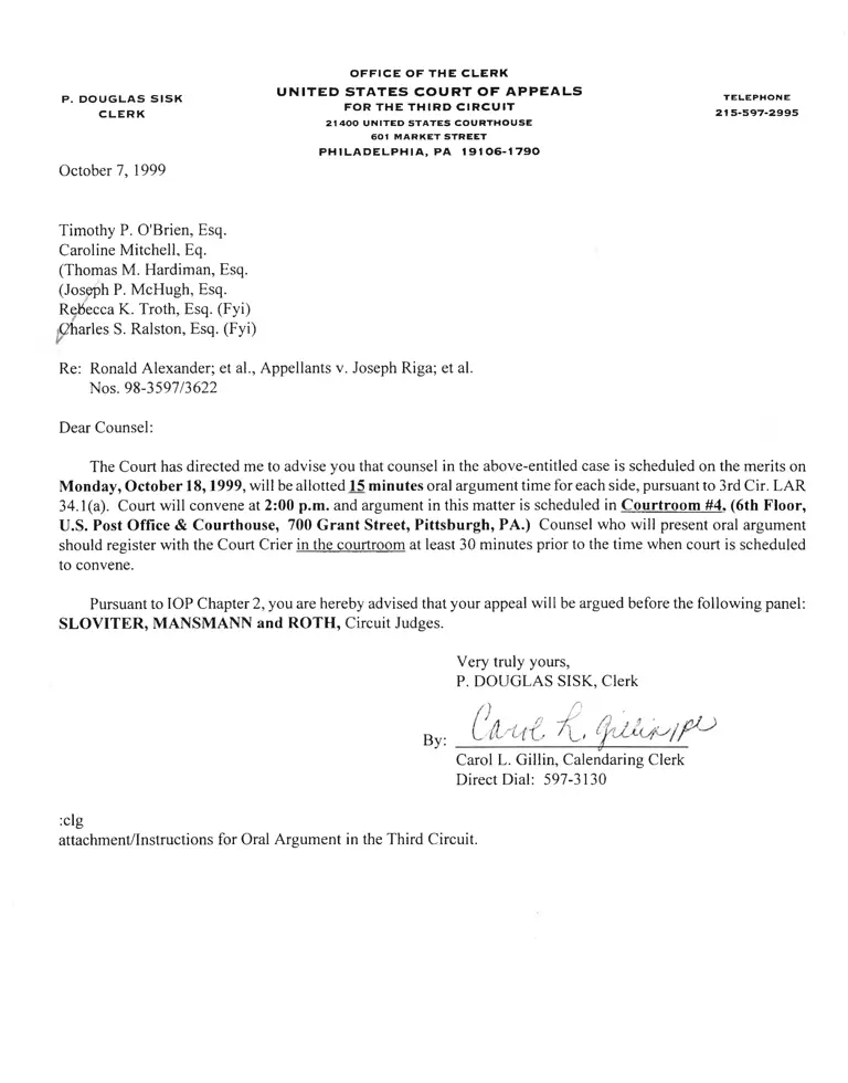 Correspondence between Douglas Sisk (Clerk) and Counsel for Appellees Re: Alexander v. Riga preview