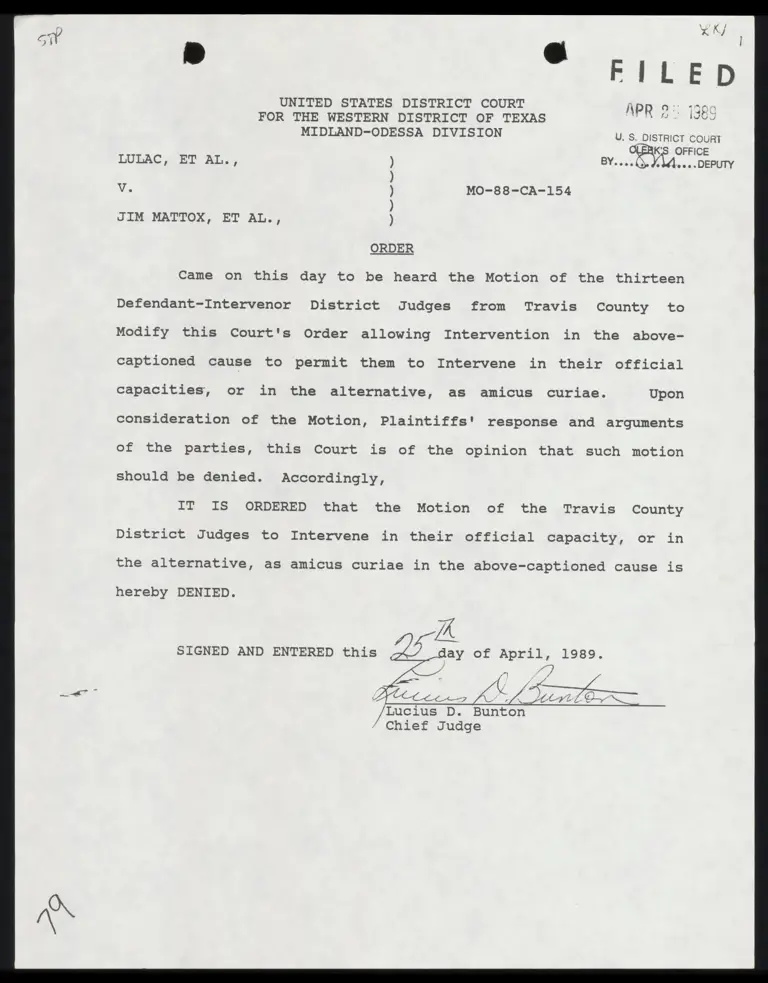 Order Denying Motion of Travis County Judges to Intervene preview