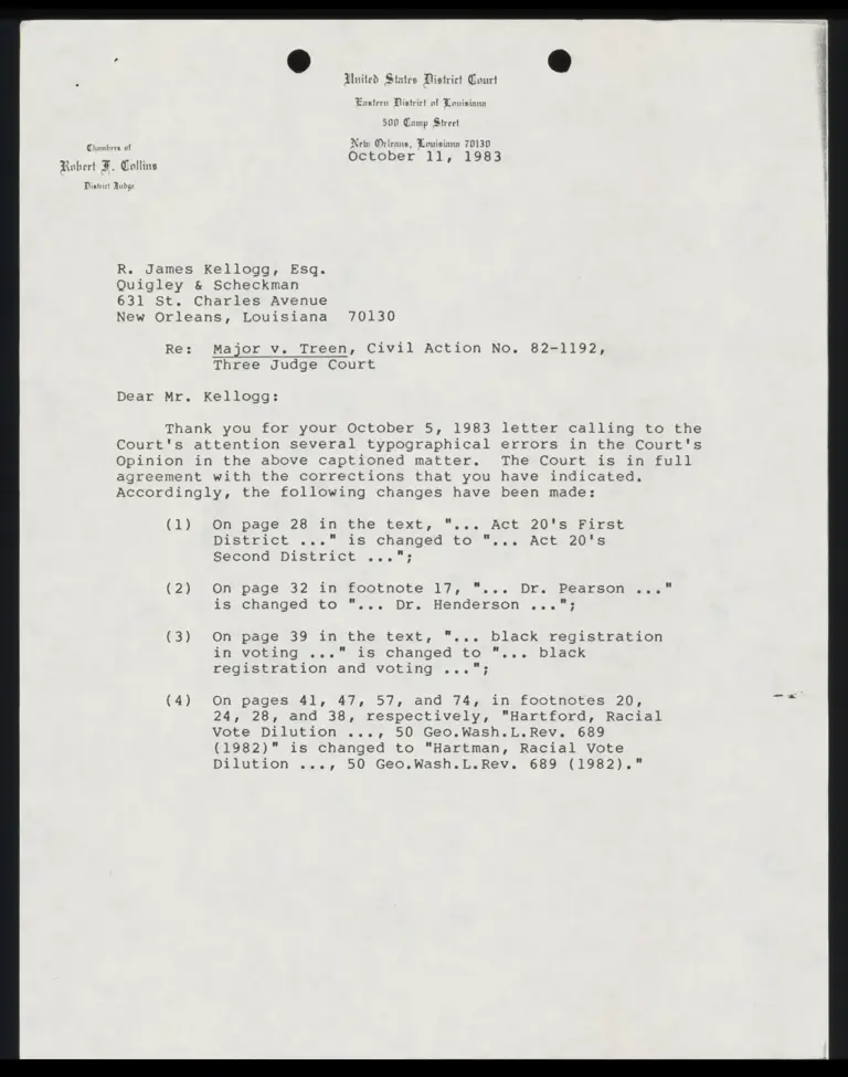 Correspondence from Collins (Judge) to Kellogg; Corrected Excerpts of the Court's Opinion preview