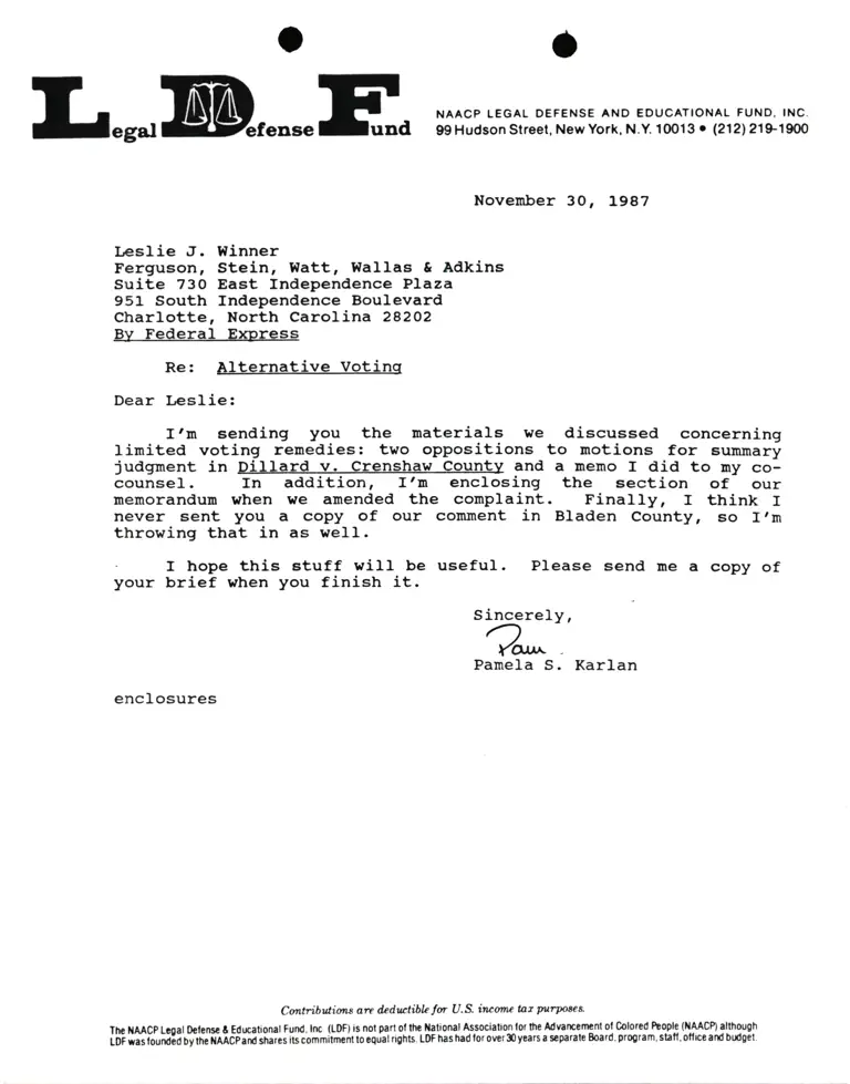 Correspondence from Pamela Karlan to Leslie Winner Re Alternative Voting preview