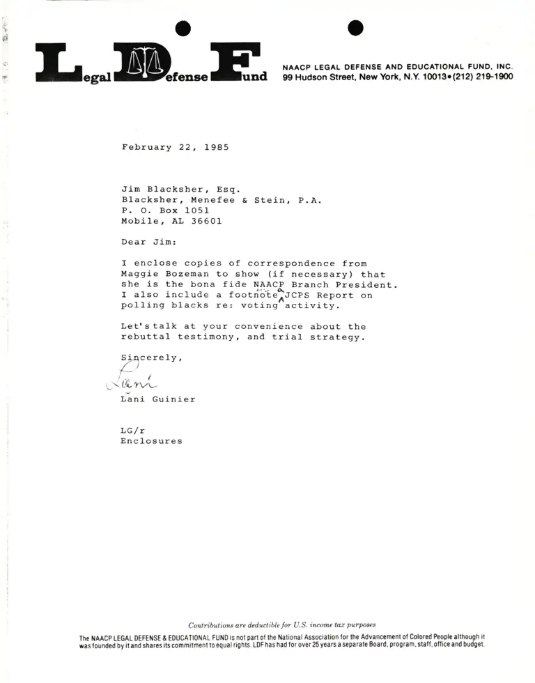 Correspondence from Lani Guinier to Jim Blacksher, Esq. Re Bozeman v. Lambert preview