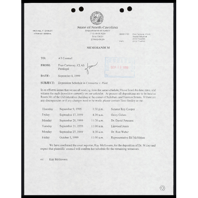 Memo to All Counsel From Carraway RE: Deposition Schedule preview