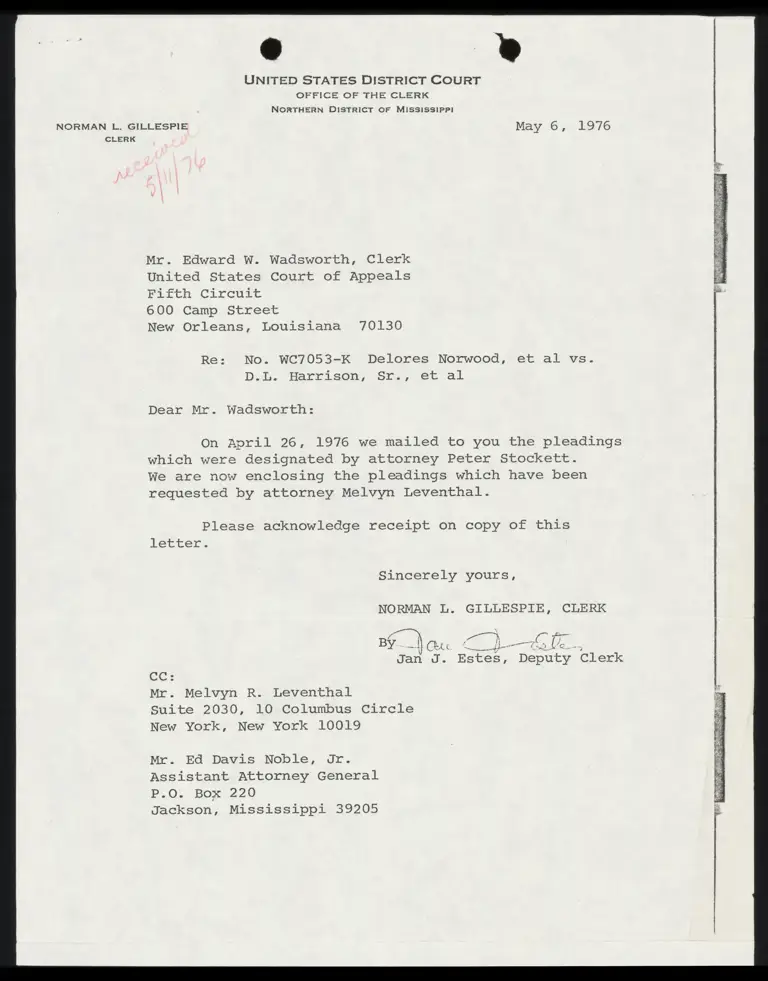 Correspondence from Clerk Gillespie to Clerk Wadsworth Re: Pleadings preview