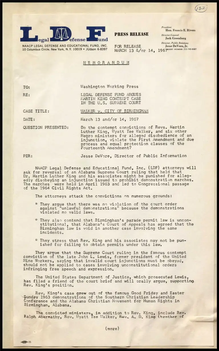 Memorandum re: LDF Argues Martin Luther King Contempt Case in the U.S. Supreme Court preview