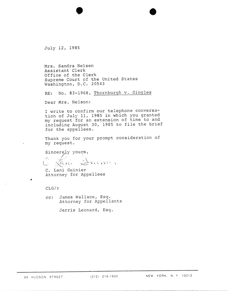 Correspondence from Lani Guinier to Sandra Nelsen (Assistant Clerk) Re: Thornburg v. Gingles preview