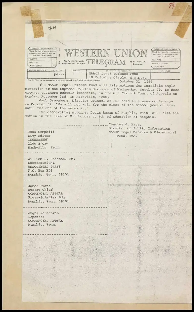 Motions for Southern School Desegregation (Telegram) preview