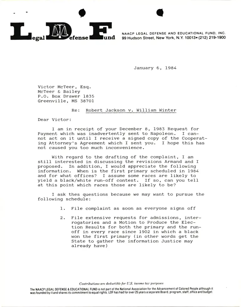 Letter from Lani Guinier to Victor McTeer RE: Robert Jackson v. WiIIiam Winter preview