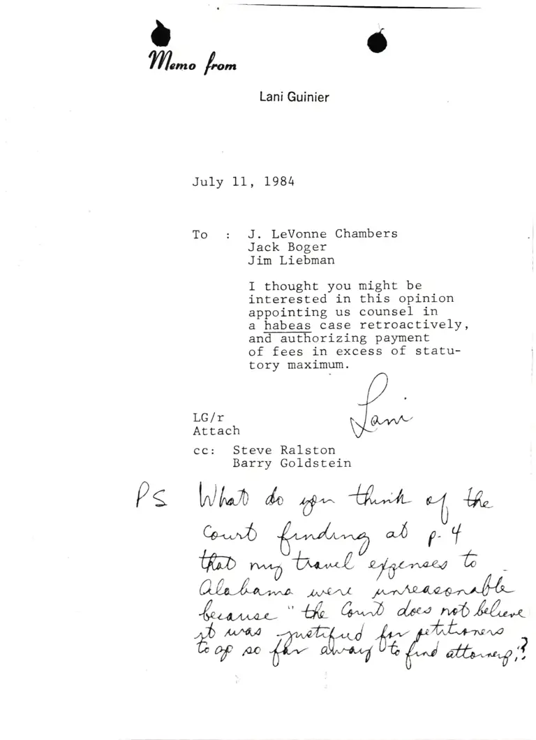 Memo from Lani Guinier to Chambers, Boger and Liebman RE: Attorneys Fees preview