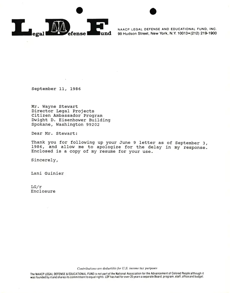 Correspondence from Lani Guinier to Wayne Stewart (Citizen Ambassador Program) preview