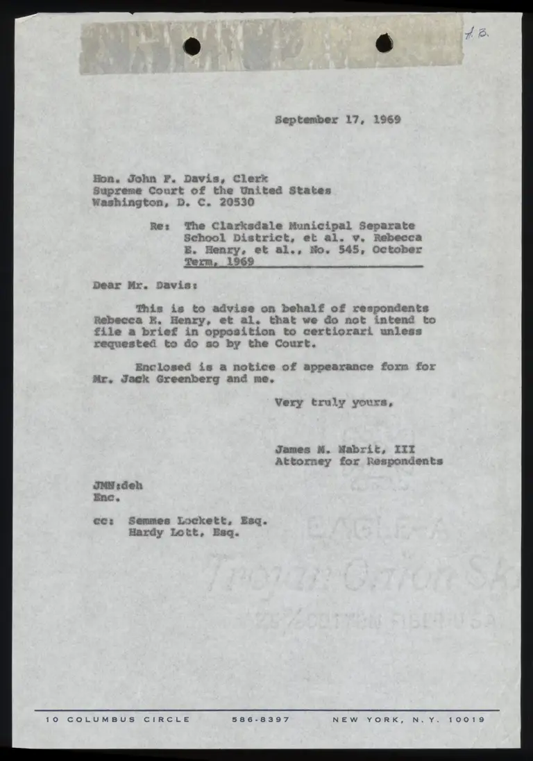 Correspondence from Nabrit to Clerk Re: No Intent to File preview