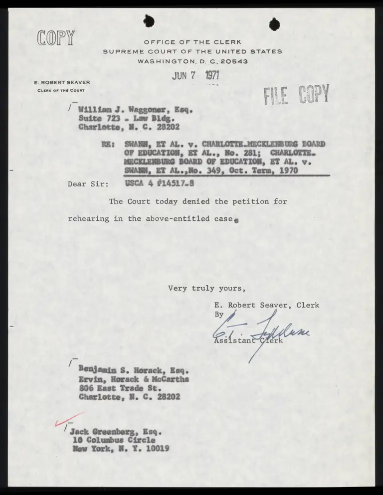 Correspondence from Clerk to Waggoner Re: Denial of Petition for Rehearing preview
