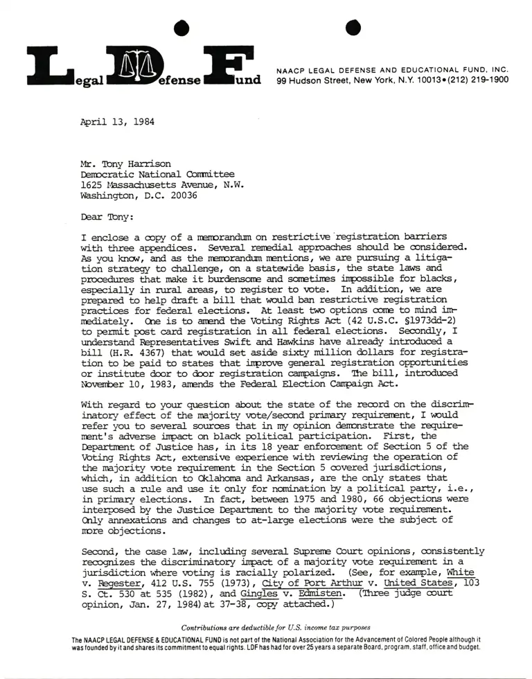 Letter from Lani Guinier to Mr. Tony Harrison RE: Memorandum on restrictive registration barriers preview