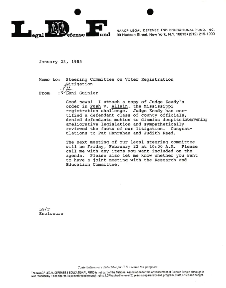 Memorandum from Lani Guinier to Steering Committee on Voter Registration and Litigation Re Push v. Allain preview