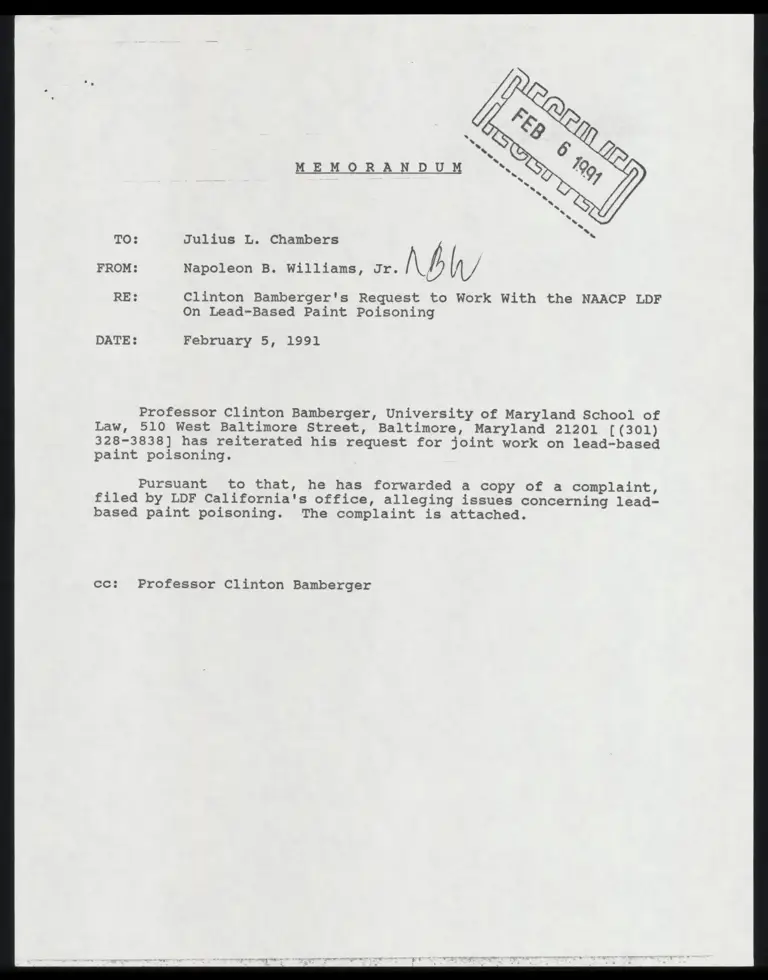 Memo from Williams to Chambers Re: Clinton Bamberger's Request preview