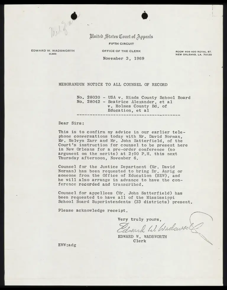 Memorandum Notice from Judge Wadsworth to Counsel RE: Pre-Order Conference preview