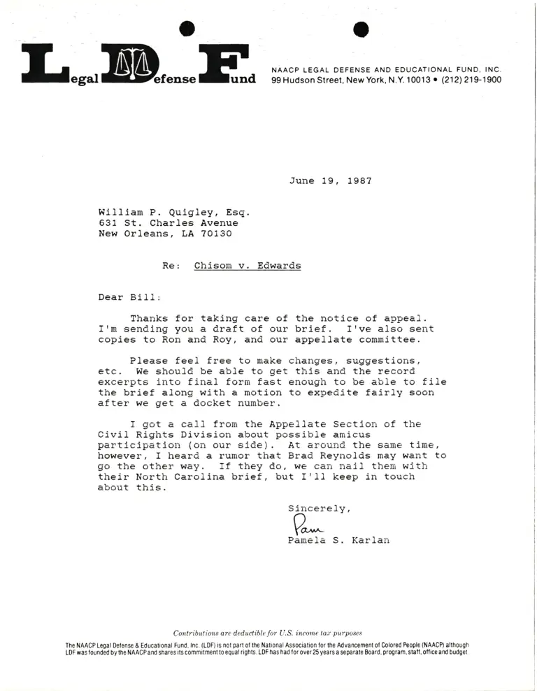 Correspondence from Pamela Karlan to William P. Quigley, Esq. Re Chisom v. Edwards preview