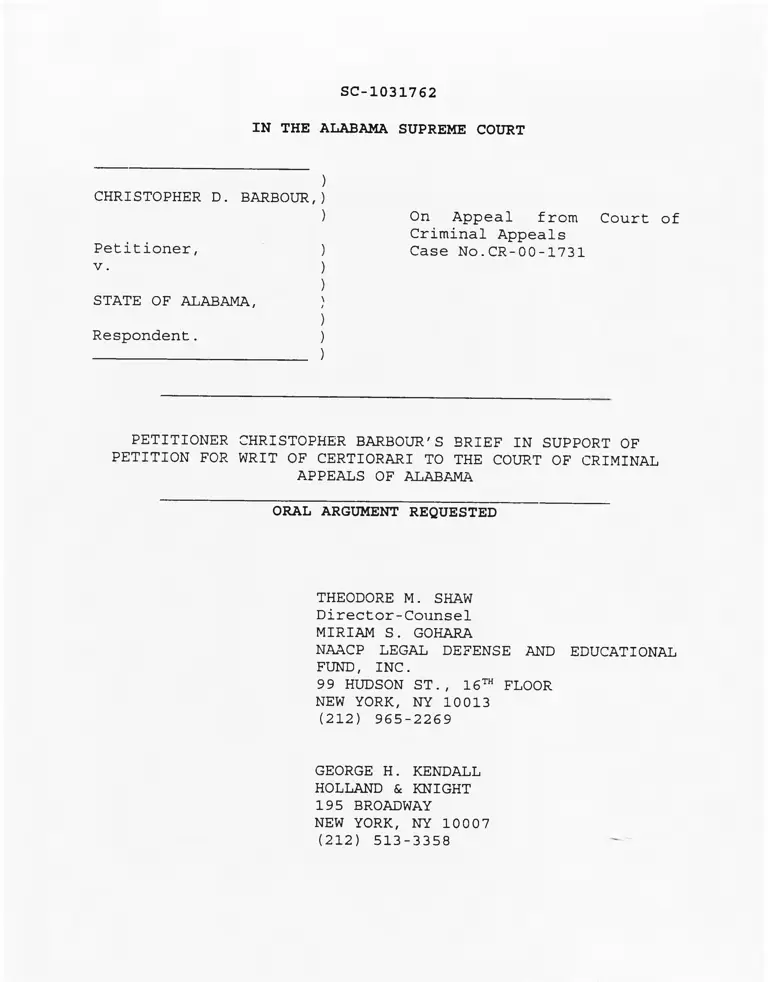 Barbour v. Alabama Petitioner Christopher Barbour's Brief in Support of Petition for Writ of Certiorari to the Court of Criminal Appeals of Alabama preview