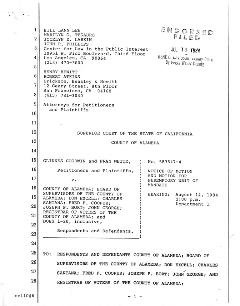 Goodwin v. Alameda County Notice of Motion and Memorandum of Points and Authorities in Support of Motion for Peremptory Writ of Mandate preview
