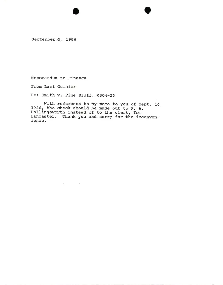 Memorandum from Lani Guinier to Finance Re Smith v. Pine Bluff preview