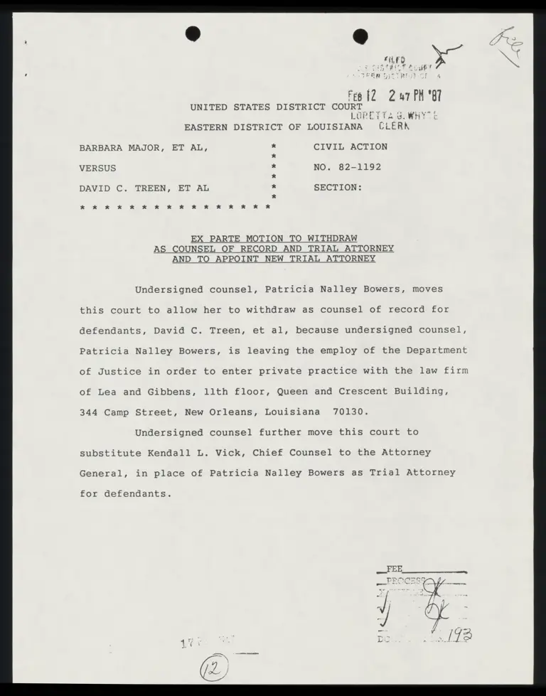 Ex Parte Motion and Order to Withdraw as Counsel of Record and Trial Attorney and to Appoint New Trial Attorney preview