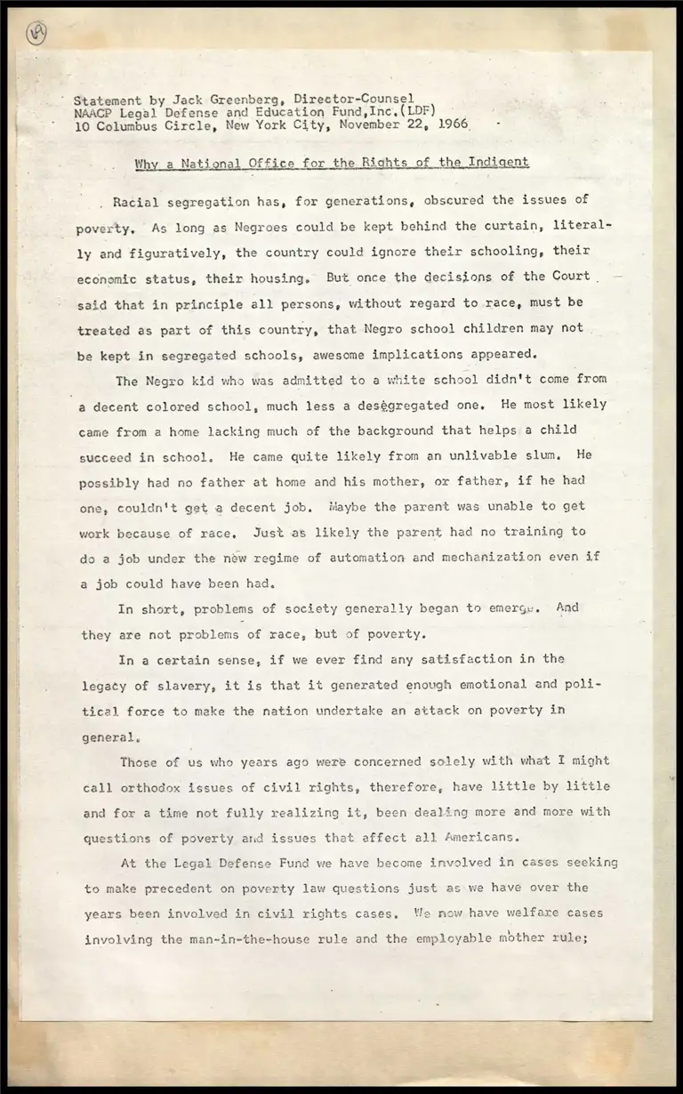 J. Greenberg Statement on Why a National Office for the Rights of the Indigent preview