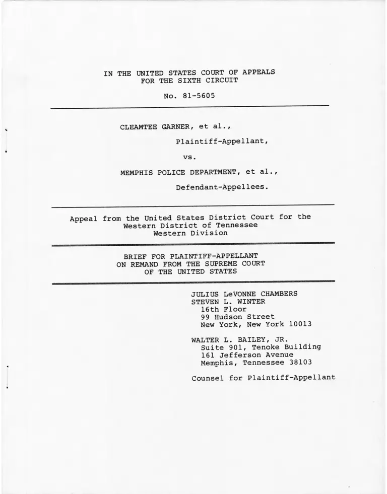 Garner v. Memphis Police Department Brief for Plaintiff-Appellant on Remand from the Supreme Court preview