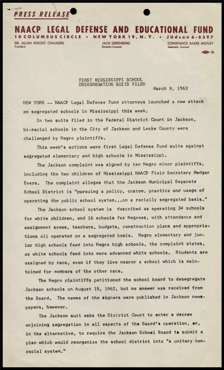 First Mississippi School Desegregation Suits Filed preview