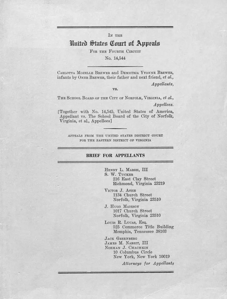 Brewer v. School Board of the City of Norfolk, Virginia Brief for Appellants; Beckett v. School Board of the City of Norfolk Memorandum and District Court Opinion preview