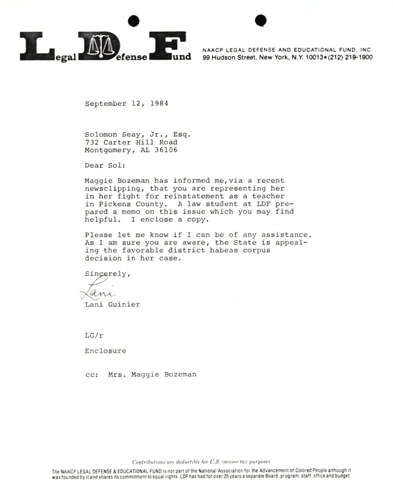 Letter from Lani Guinier to Solomon Seay, Jr. RE Assistance to Maggie Bozeman preview