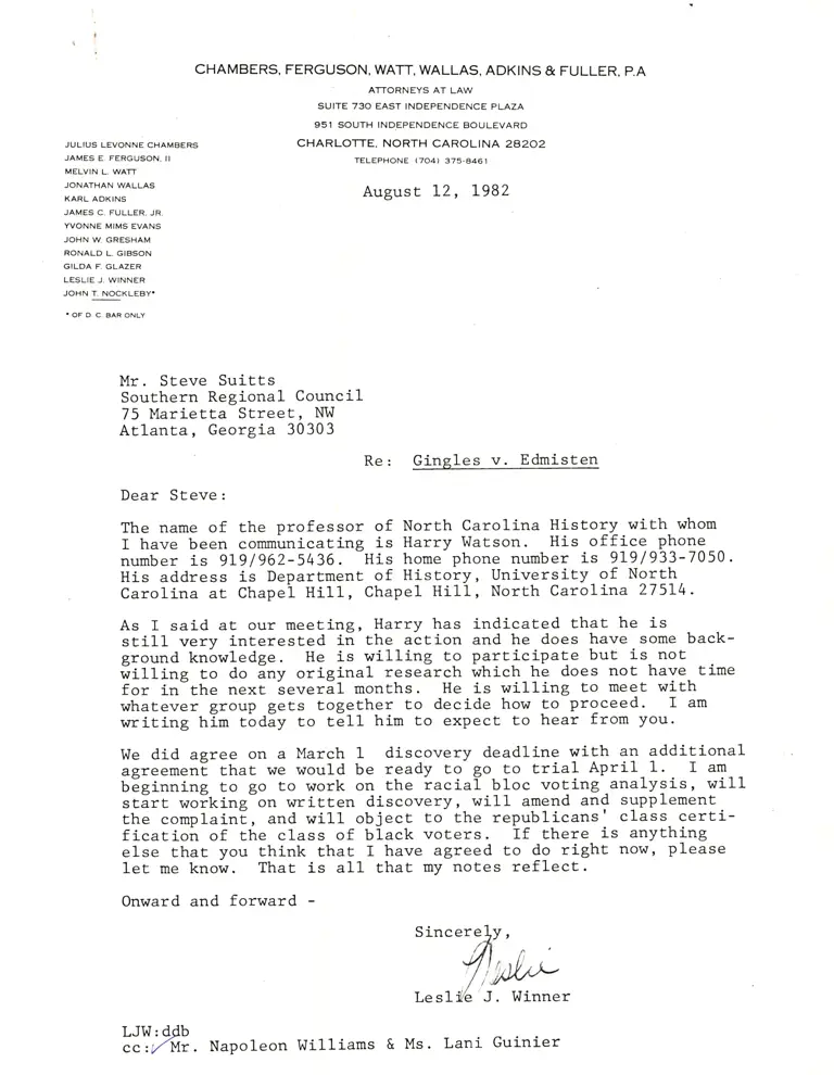 Correspondence from Winner to Suitts; from Guinier to Williams; from Horton to Hunter from Hunter to Reynolds; Cavanagh v. Brock Motion to Process as Amicus Curiae; Memo in Support of Motion as Amicus Curiae; Correspondence from Reynolds to Brock preview