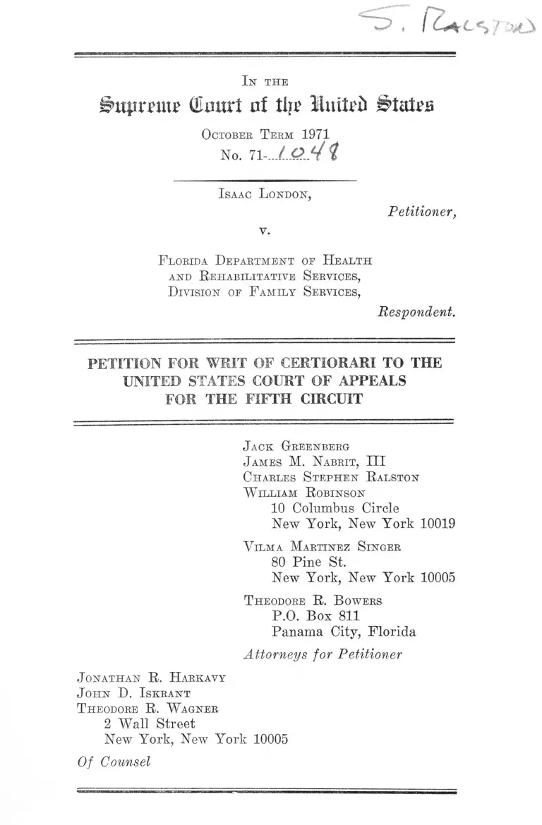 London v. Florida Department of Health and Rehabilitative Services, Division of Family Services Petition for Writ of Certiorari preview