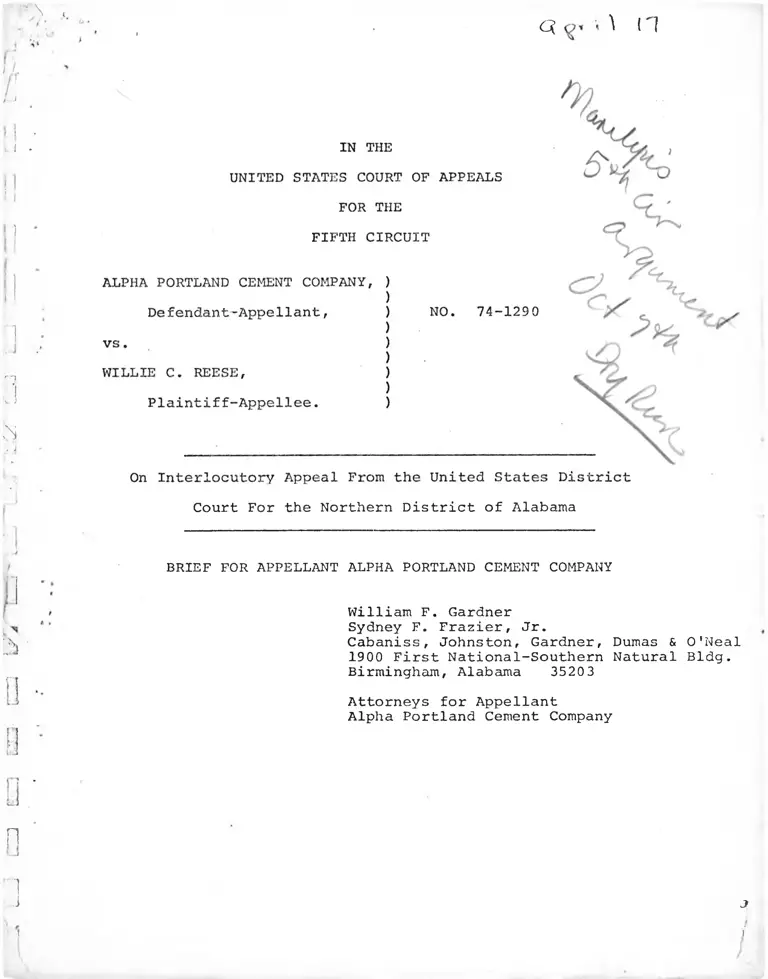 Alpha Portland Cement Company v. Reese Brief for Appellant Alpha Portland Cement Company preview