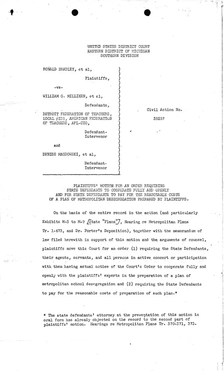 Plaintiffs' Motion for an Order Requiring Defendants to Cooperate and Pay for Reasonable Costs of Plaintiffs' Desegregation Plan preview