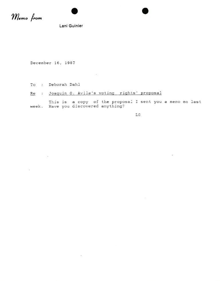 Memorandum from Lani Guinier to Deborah Dahl Re Joaquin G. Avila's Voting Rights Proposal preview