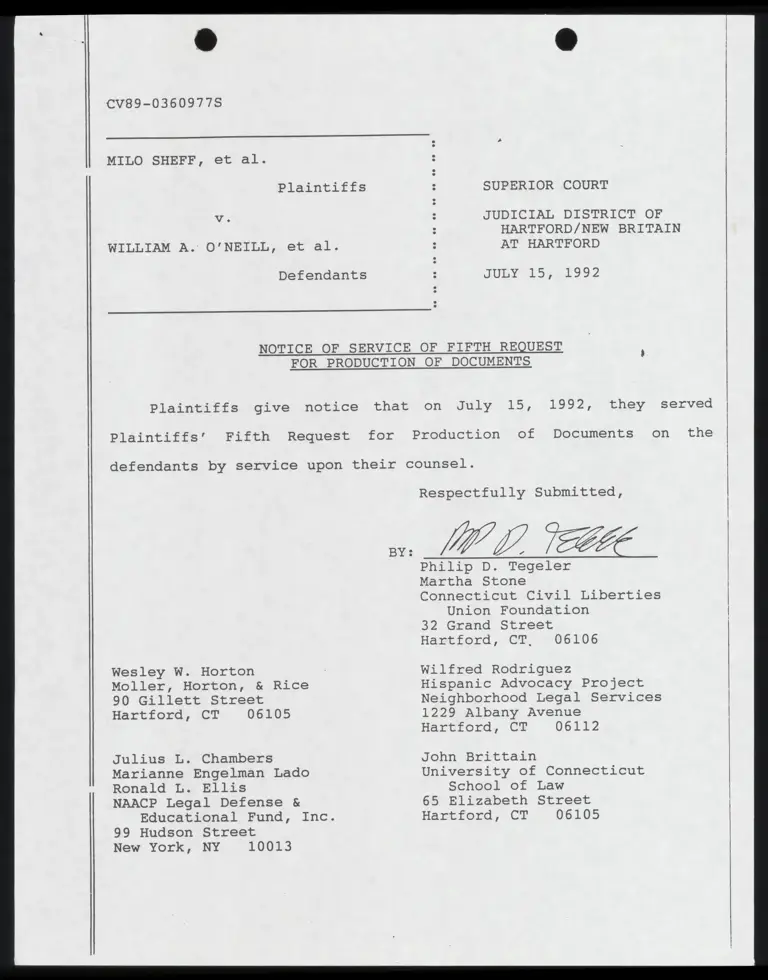 Notice of Service and Plaintiffs' Fifth Request for Production of Documents preview
