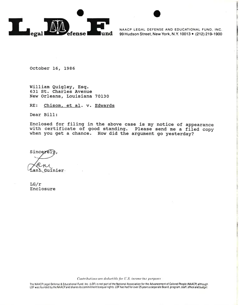Correspondence from Lani Guinier to William Quigley, Esq. Re Chisom v. Edwards preview