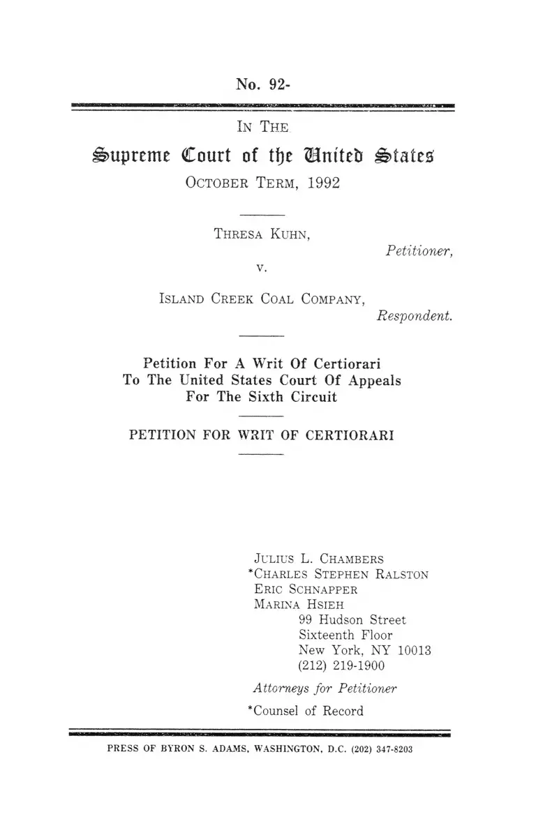 Kuhn v. Island Creek Coal Company Petition for Writ of Certiorari preview