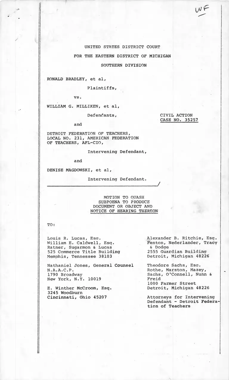 Motion to Quash Subpoena to Produce Document or Object and Notice of Hearing Thereon preview