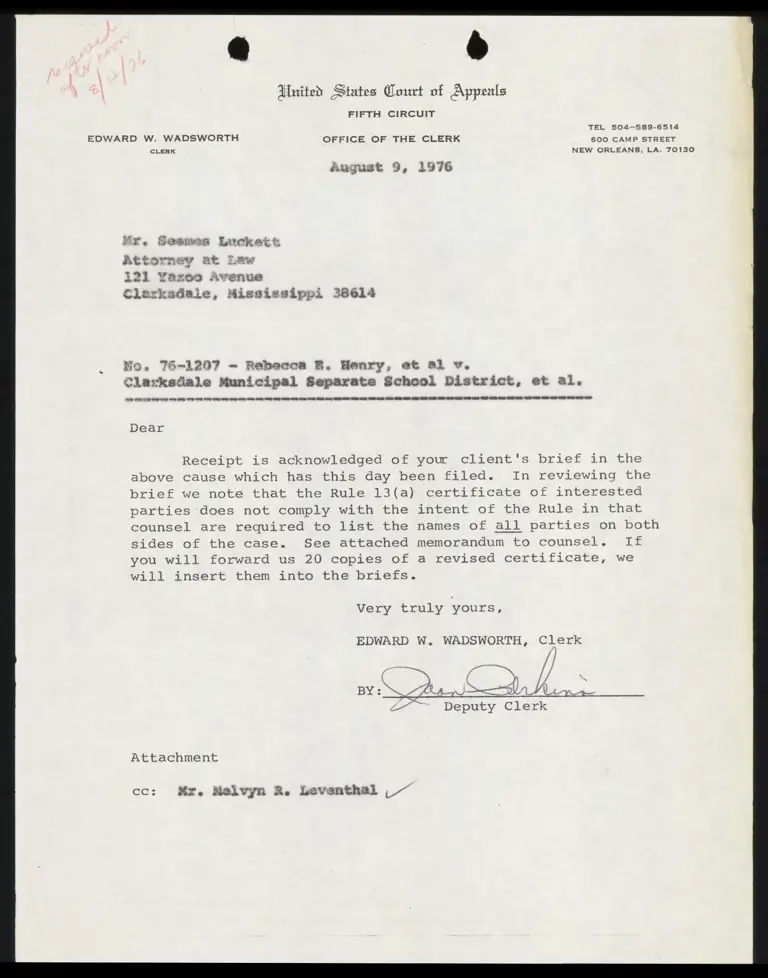 Correspondence from Clerk to Luckett Re: Filing of Brief preview