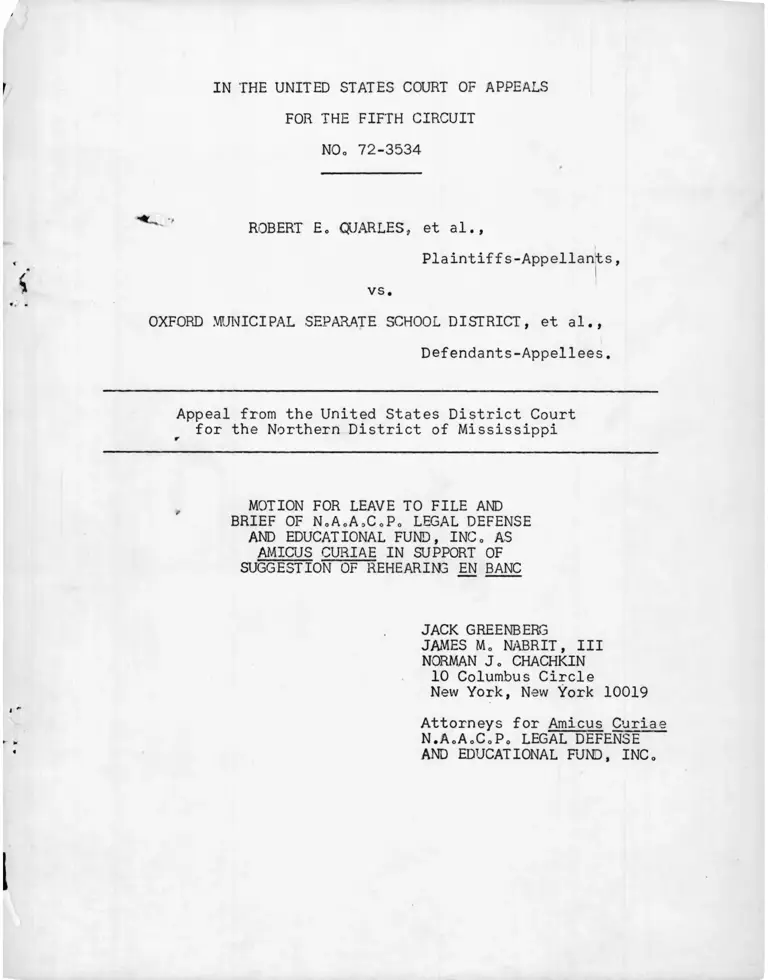 Quarles v. Oxford Municipal Separate School District Motion for Leave to File and Brief Amicus Curiae preview