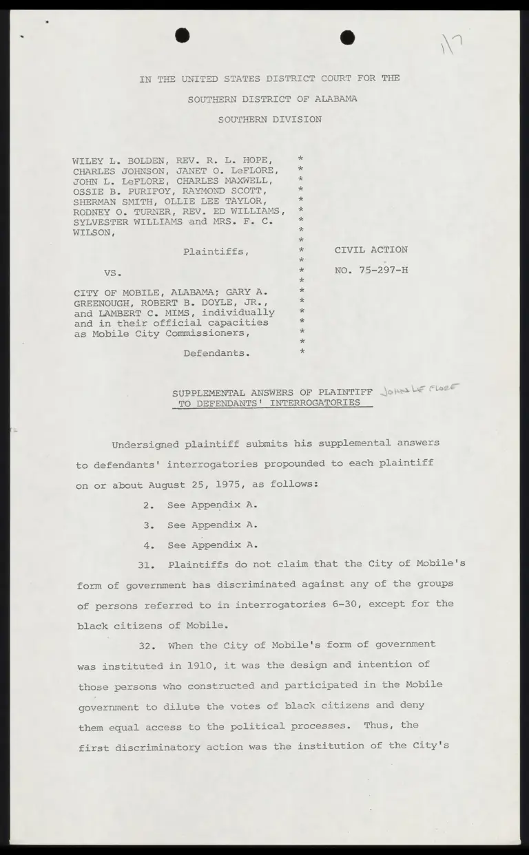 Supplemental Answers of Plaintiff John LeFlore to Defendants' Interrogatories preview