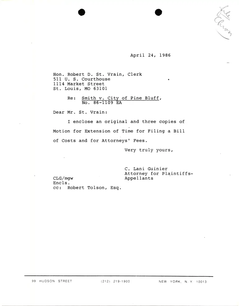 Correspondence from Lani Guinier to Robert D. St. Vrain (Clerk) Re: Smith v. City of Pine Bluff preview