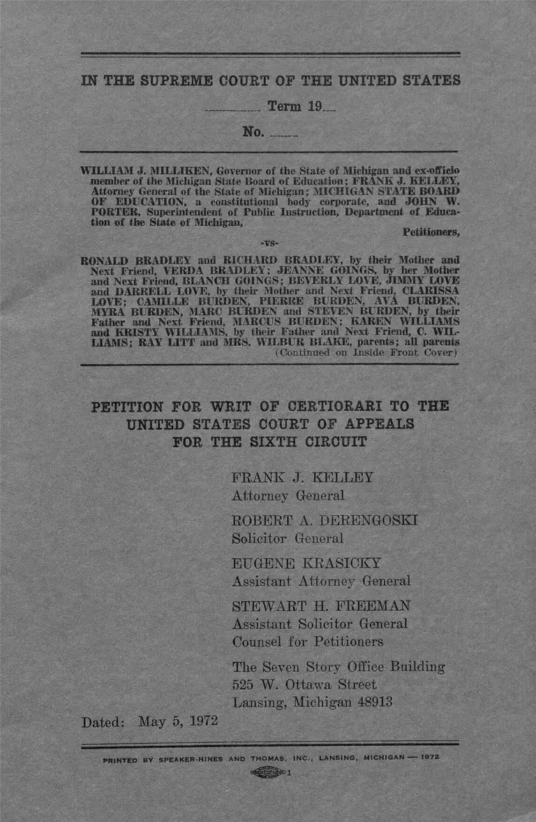 Milliken v. Bradley Petition for a Writ of Certiorari to the US Court of Appeals for the Sixth Circuit preview